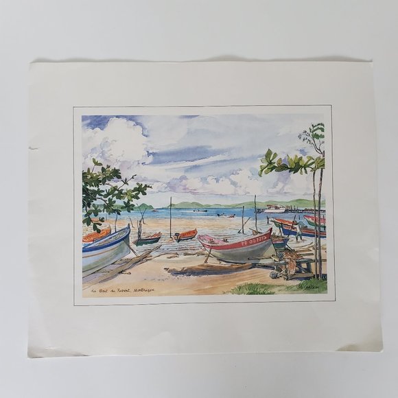 Martinique Marina Print Watercolour Waterfront Boats Port Resort Coastal Islands - Picture 1 of 4